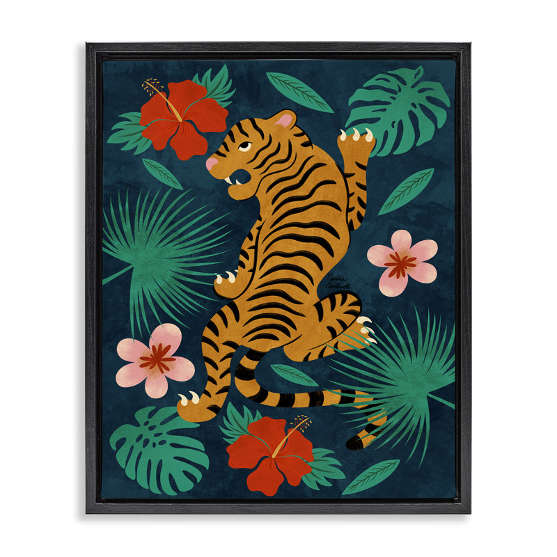Art mural sur toile, "Les tigres grimpants" par Carrie Cantwell, H 21 po x l 17 po, Cadre flottant noir de jais