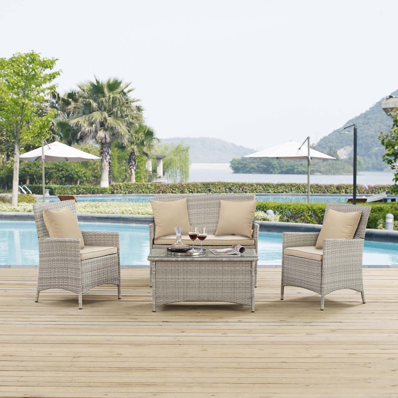Modway Bridge Rattan 4-piece Outdoor Patio Set with Cushions, Beige
