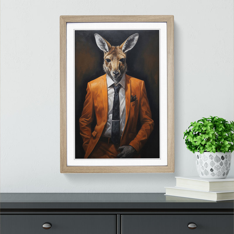 Kangaroo In A Suit Painting Framed Print, 46cm H x 34cm W x 2cm D, Oak Framed