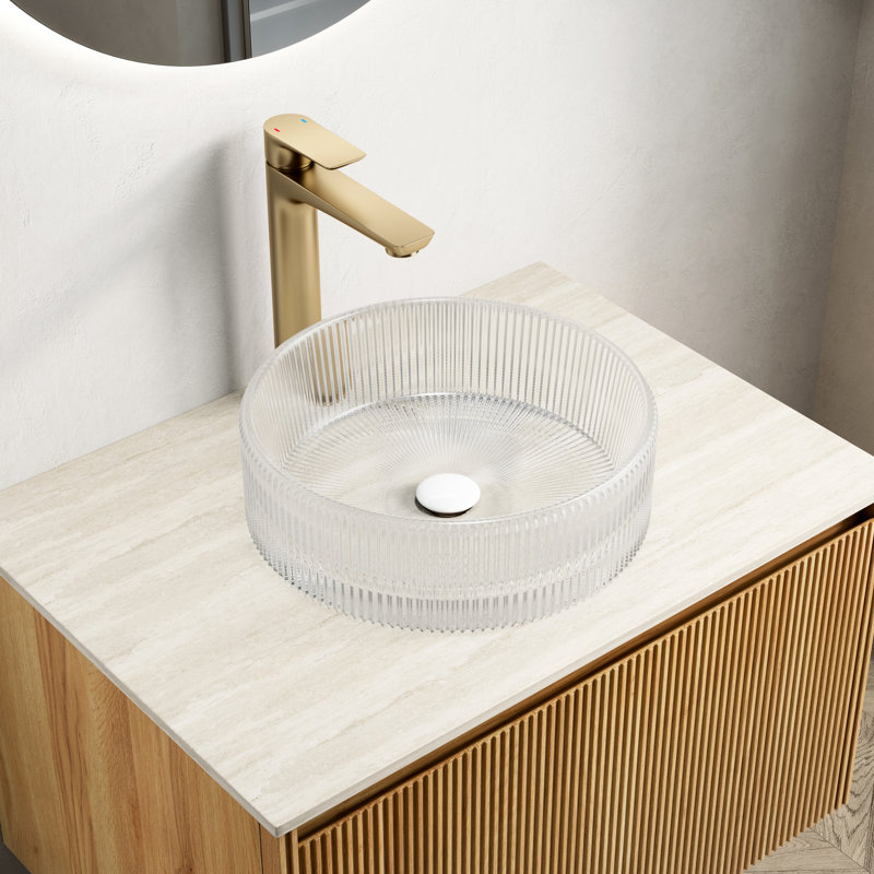 14 - Inch Bathroom Sink, Transparent Round Crystal Glass, Artistic Stripes, Suitable For Countertop Use, And Refreshing, 14.09*4.5 Size, Recommended Drain Hole 14.09 Glass Sink Bathroom, No Faucet,