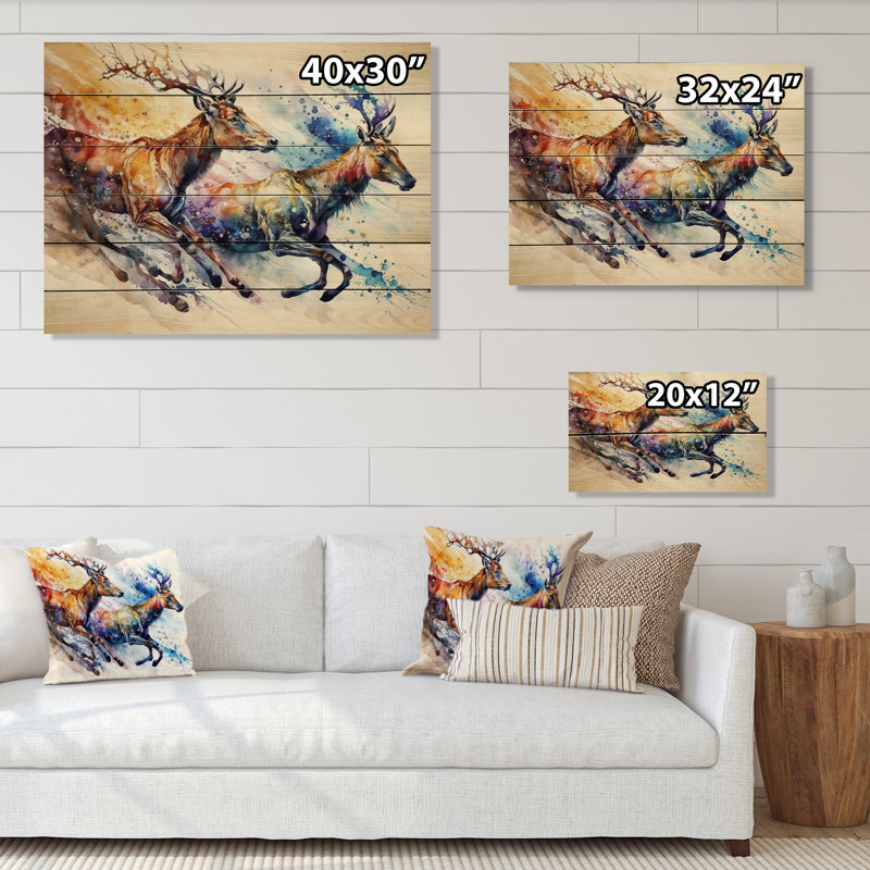 Cerfs de Melra qui courent - Impression sur bois sans cadre, H 12 po x l 20 po x P 1 po