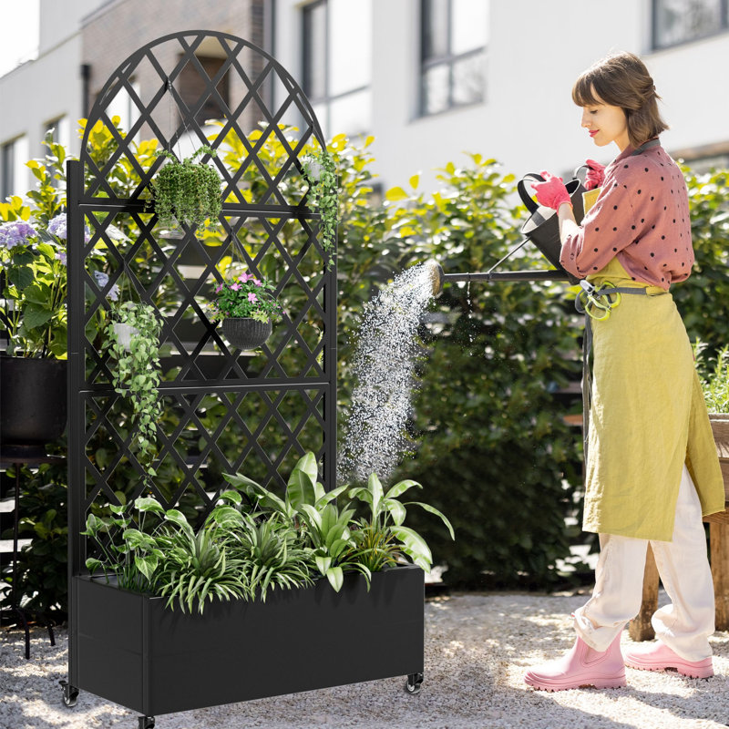Boîte à fleurs en métal avec treillis arqué et roues Jadine , Noir, noir, noir, noir