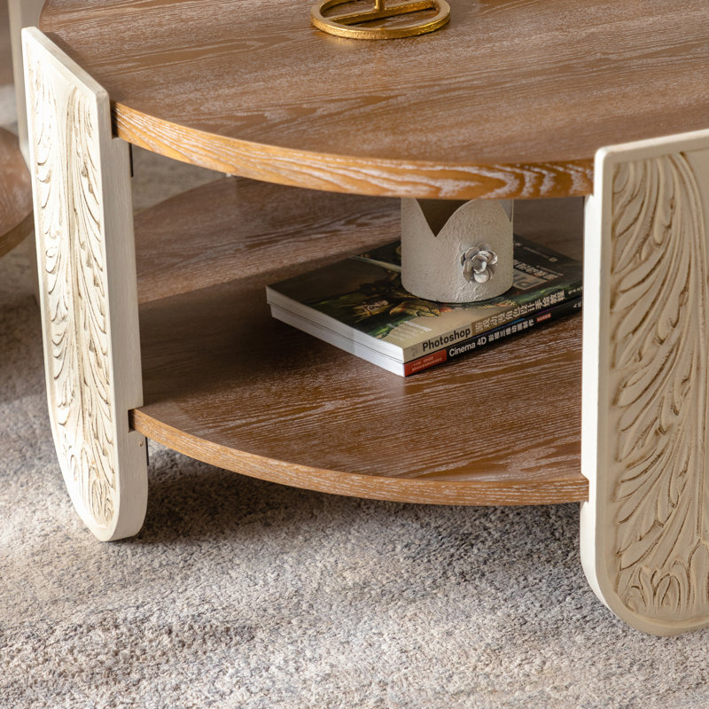 Carved Wooden Coffee Table, Retro End Table With Double-Layer Storage, Small Side Table For Living Room, Palace Style Bedside Table