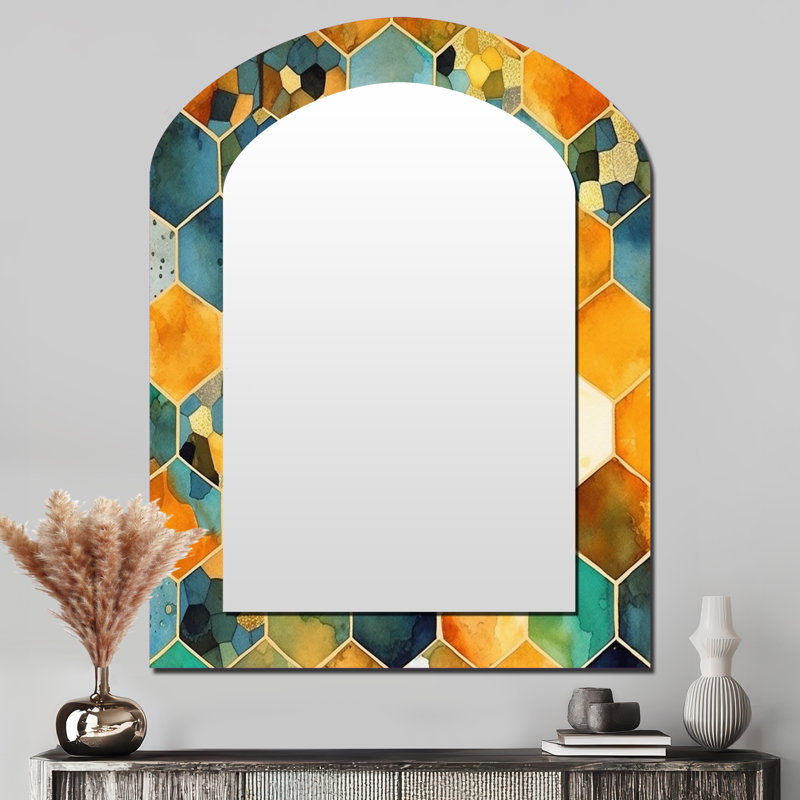 Coloré Hexagone III - miroir décoratif décoratif en forme d'arche abstraite, grand miroir asymétrique moderne, impression d'art en métal