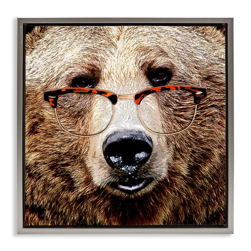 Grizzly avec lunettes, Cadre flottant gris lustré, H 25 po x l 25 po