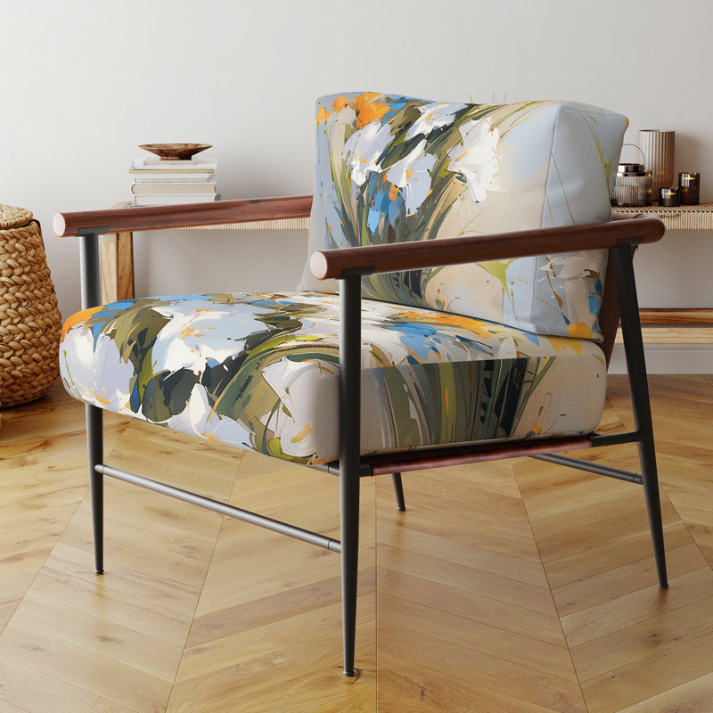Bouquet de fleurs bleu et blanc avec des traits de crayon - Fauteuil de ferme en velours, fauteuil d'appoint rustique à motif floral