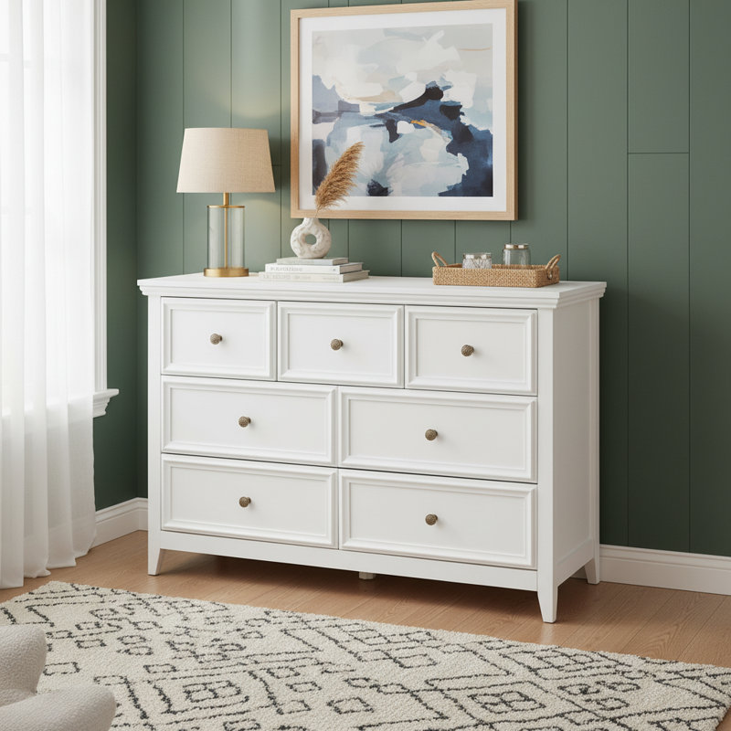 Modern 7-Drawer Dresser with Anti-Tip Kit, Farmhouse Chest of Drawers for Bedroom, Living Room & Closet, Large Capacity Clothes Storage Cabinet with Smooth Metal Slides, White