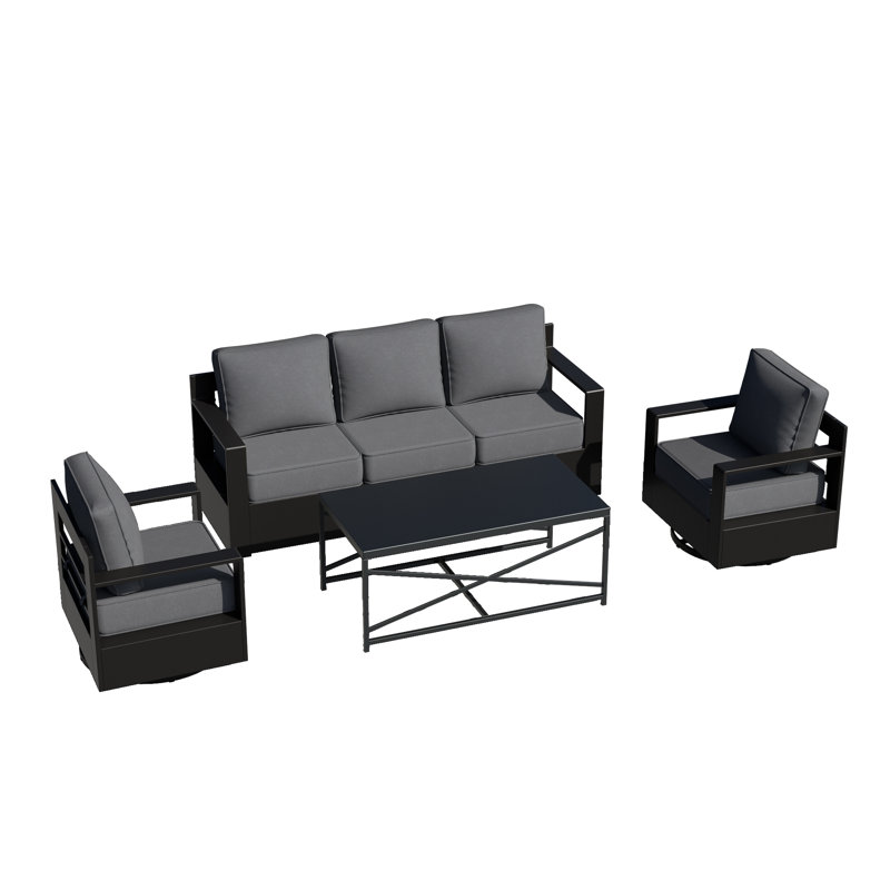 Ensemble de conversation d'extérieur avec canapé, chaises pivotantes et table basse 4 pièces Abdullah, Gris