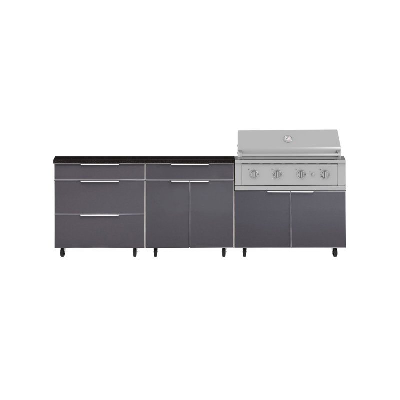 Ensemble d'armoires d'extérieur 5 pièces en aluminium gris ardoise avec roulettes et 3 tiroirs, bar, armoire de barbecue, barbecue au propane liquide de 40 po et plateau en pierre d'ingénierie noire de 64 po