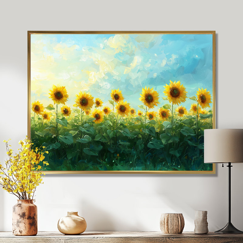 Tournesol de campagne champignon Drawhorn, H 24 po x l 32 po, Avec cadre, Doré