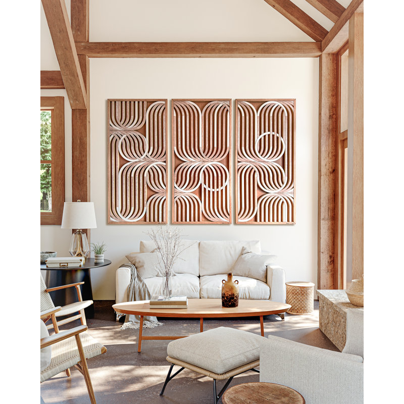 Ensemble de 3 panneaux muraux géométriques en bois au fini chêne blanc, H 44 po x l 66 po, 3