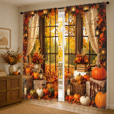 Rideaux en dentelle 2 pièces Autumn Harvest Pumpkins, tissu filtrant la lumière, imprimé thème d'automne rétro, parasol et protection de la vie privée, conception à passe-tringle, convient au salon, à la chambre à coucher, au balcon et à la cuisine