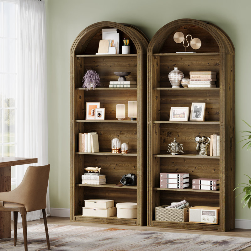 Tall Arched Bookcase, Brown, 6 Shelves  (77.16" H x 31.5" W x 11.81" D)