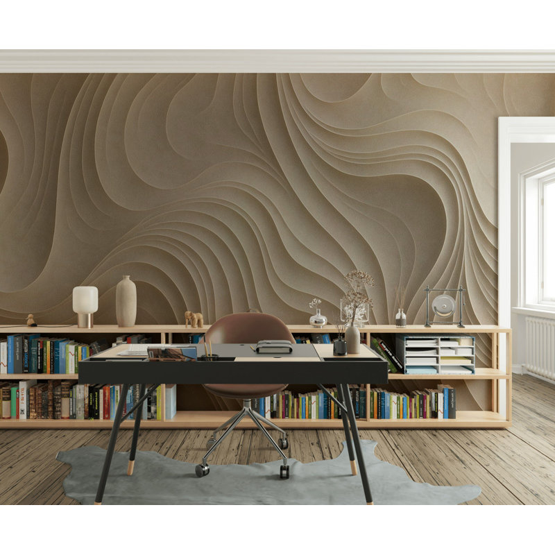Papier peint abstrait beige minimaliste ondulé 3D, L 200 po x L 120 po