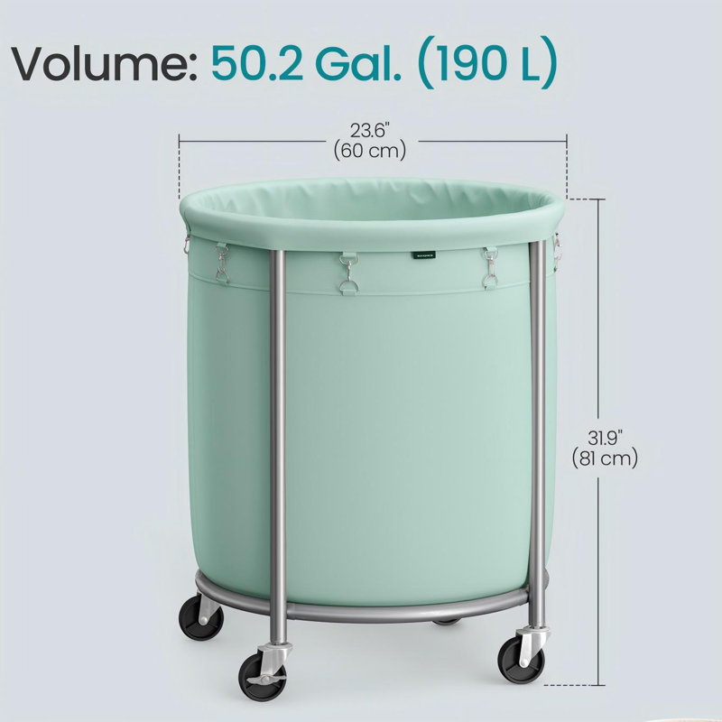 Panier à linge de 50,2 gallons (190 L) avec roulettes, chariot à linge rond robuste avec cadre en acier et sac amovible, 2 roulettes verrouillables
