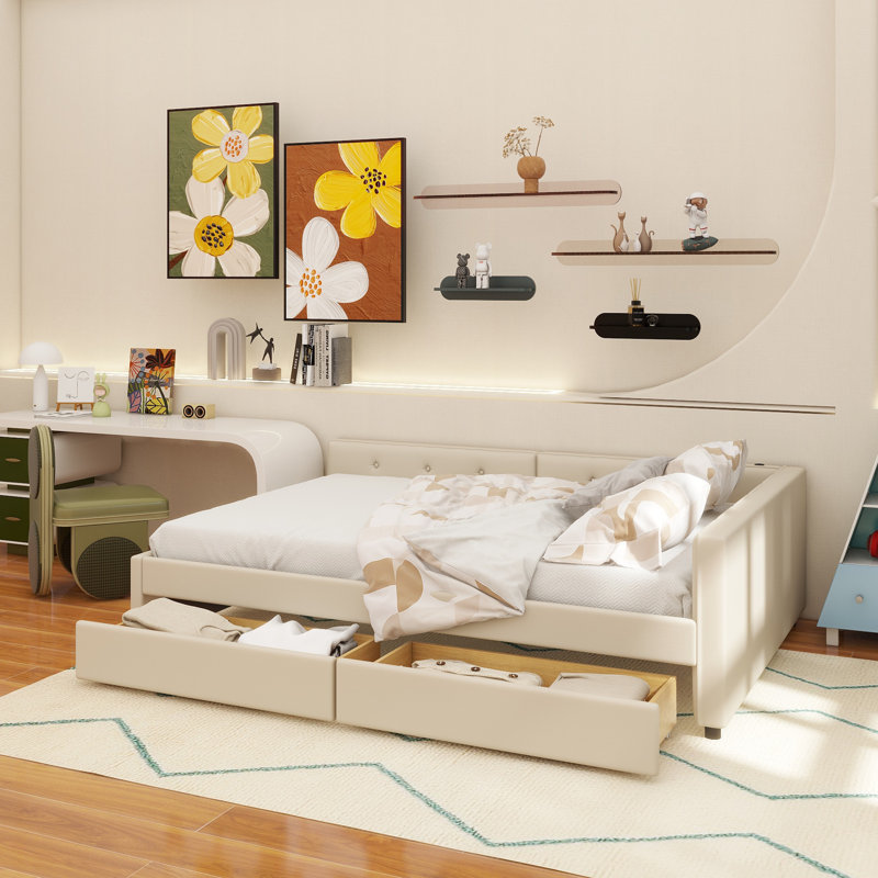 Lit plateforme tapissier double avec USB et 2 tiroirs, beige, Complet/Double