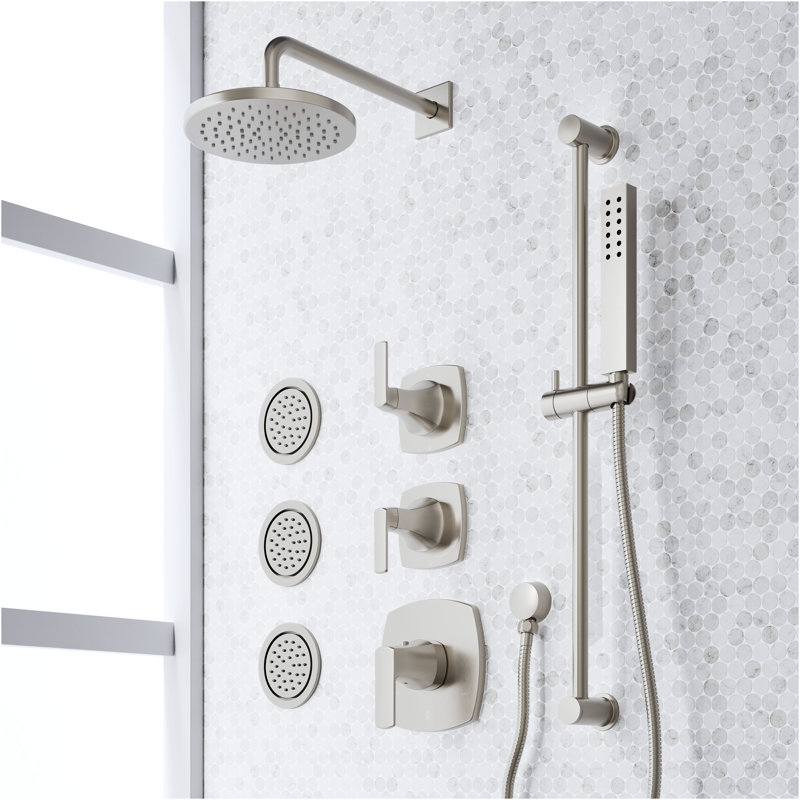 Sefina Thermostatic Shower System with 3 Body Sprays, Slide Bar and Hand Shower - Brushed Nickel, Brushed Nickel