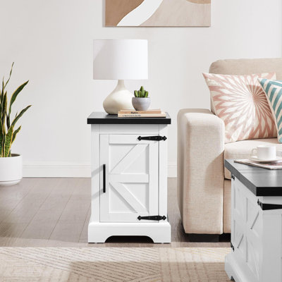 Farmhouse End Table Nightstand Rectangular Farmhouse End Table With Barn Door And Adjustable Storage Shelf, Rustic Sofa Side Table For Living Room, Bedroom, White