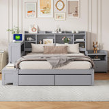 Wooden platform bed with Multi-functional Storage Space Nightstand and 2 Drawers