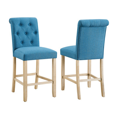 Of 2 Counter Height Stools, , Blue - Back & Padded Seat Kitchen Dining Area Furnishings Wood Frame Fabric Cover Stools Ideal For With Linen-like Covering
