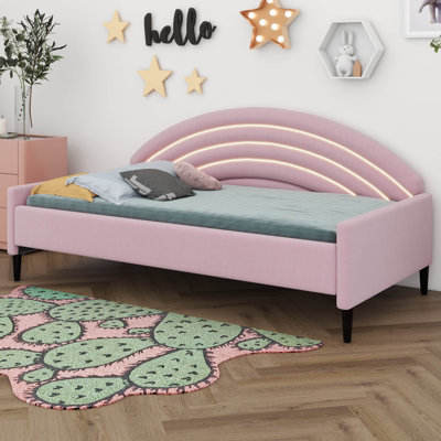 Upholstered Daybed With Rainbow Shaped Backrest, Upholstered Soft Daybed With LED Lights