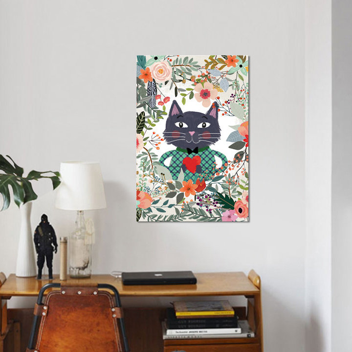 «Cat and Heart», reproduction sur toile, H 12 po x l 8 po x P 0,75 po, Pas de tapis, Toile tendue