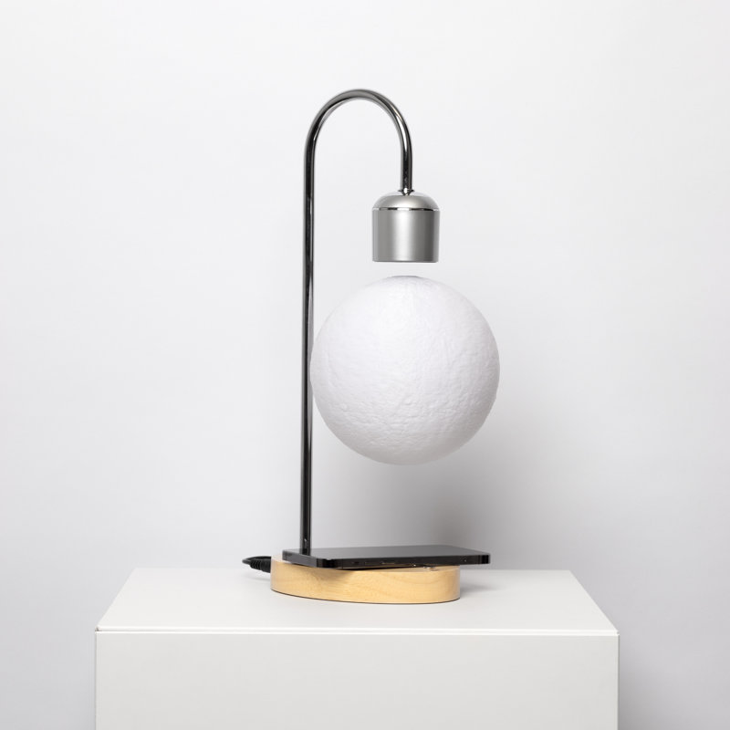 Levitating Moon LED Lamp with Wireless Phone Charger, Silver