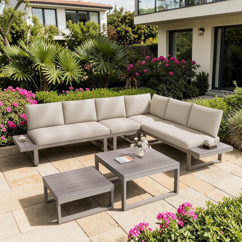 Rynley 252cm Wide L-Shaped Patio Sectional Set, Beige Cushion/Khaki Frame