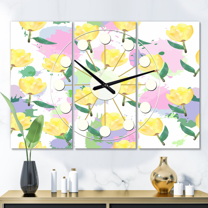 Horloge murale surdimensionnée avec fleurs Mid-Century