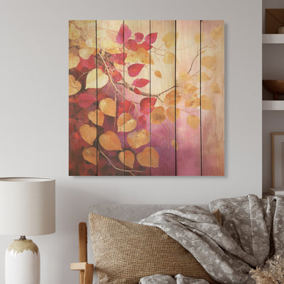 Or et feuilles roses, charme artistique I - feuilles, art mural sur bois de pin naturel