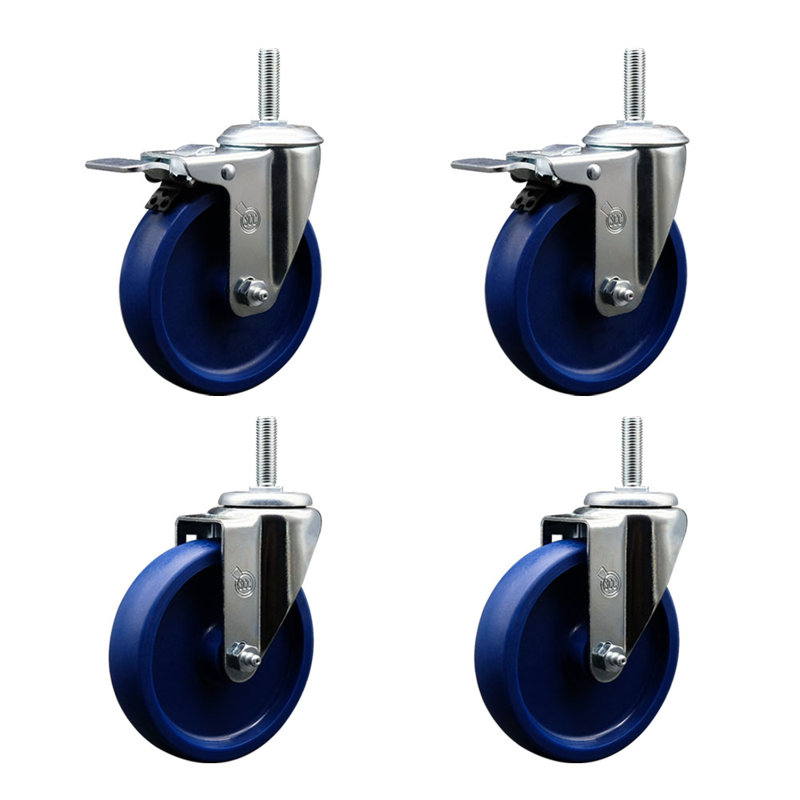 5 Inch Solid Poly Swivel 5/8 Inch Threaded Stem Caster Set 2 Total Lock Brakes