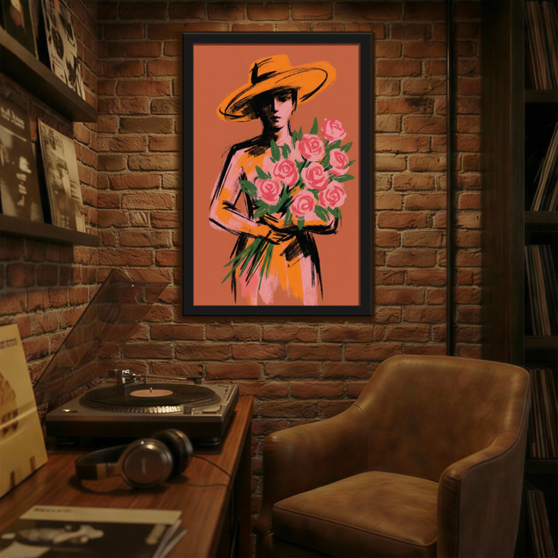 Plantes et fleurs Femme au chapeau tenant des roses roses, H 30 po x l 20 po