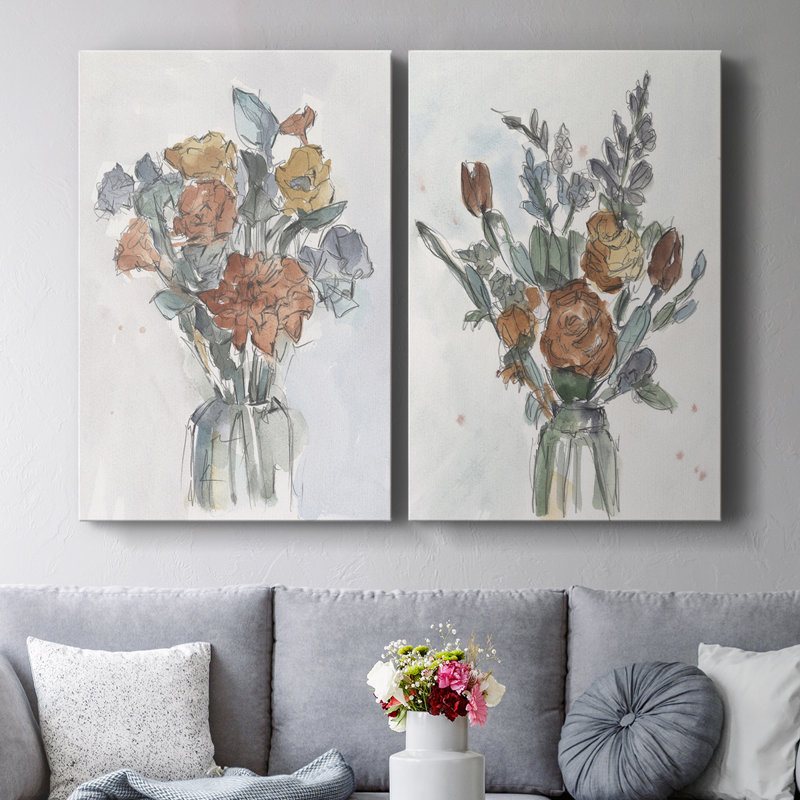 Arrangement floral aquarelle I - Toile tendue avec châssis de qualité supérieure - Prêt à être accroché, H 60 po x l 80 po