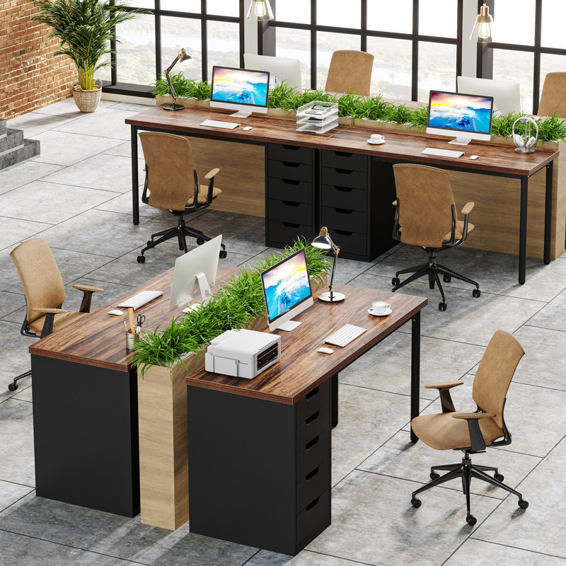 Computer Desk with 5 Drawers, Brown/Black