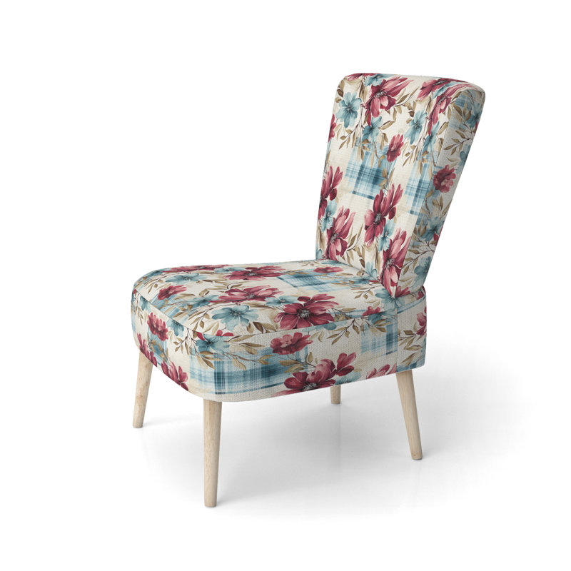 Motif de fleurs bohémiennes à motif écossais rose et bleu - Chaise d'appoint rembourrée de style campagnard