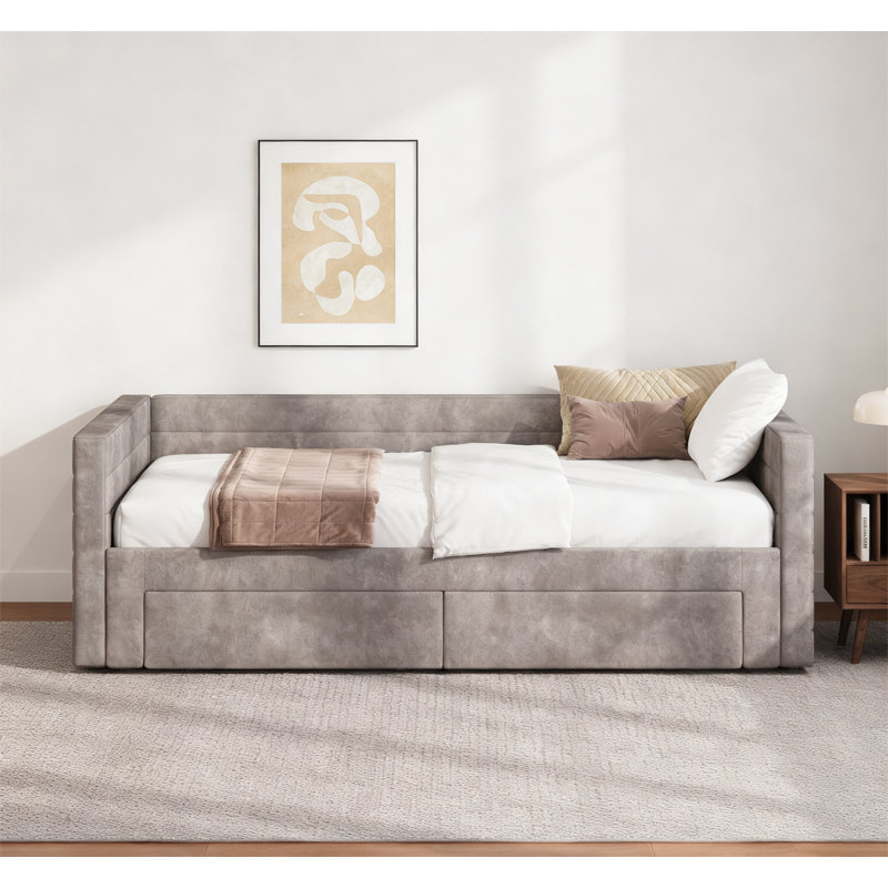 Upholstered Extendable Daybed Frame with Trundle, Gray