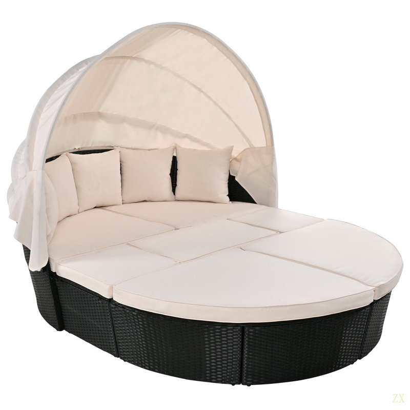 Lit de jour d'extérieur en rotin avec lit escamotable avec auvent rétractable, Coussin beige, structure noire