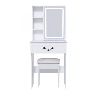 Mini coiffeuse moderne avec miroir éclairé à DEL et rangement dissimulé, tabouret rembourré, bureau de coiffeuse à luminosité réglable, tablettes à l'épreuve de la poussière à plusieurs niveaux