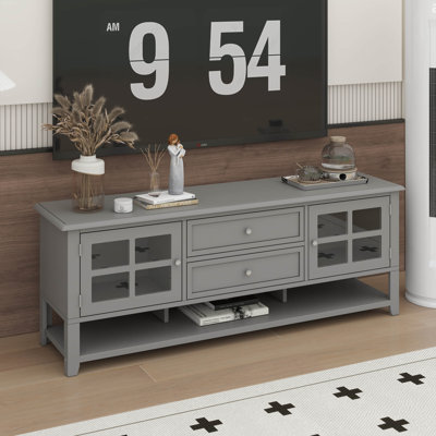Mid-Century TV Stand With 2 Glass Doors & 2 Drawers, Minimalist Entertainment Center