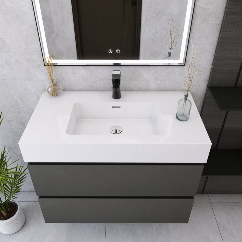 Meuble-lavabo simple 36 po avec plateau Semyah, Gris, Noir
