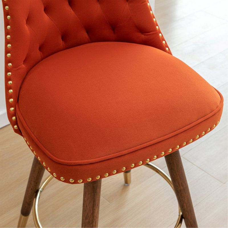 Set Of 2 Button-Tufted Counter Stools With Nailhead Trim - Orange, Orange