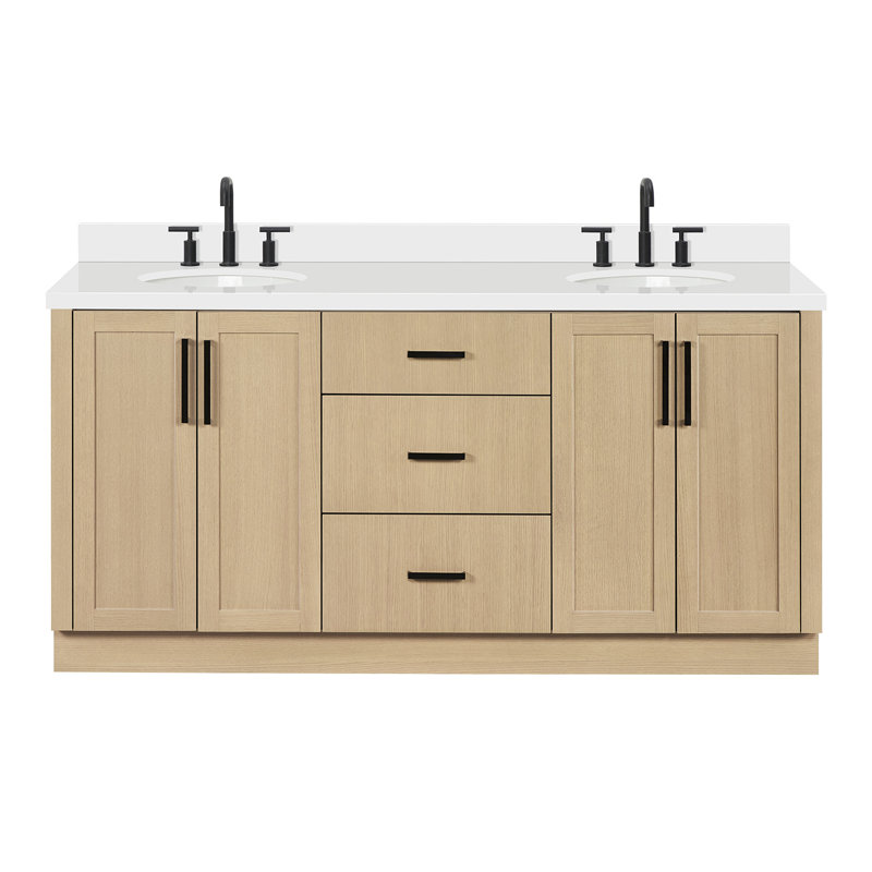 Meuble-lavabo ovale double de 185 cm avec comptoir en quartz blanc pur et revêtement en chêne naturel de 3,8 cm d'épaisseur