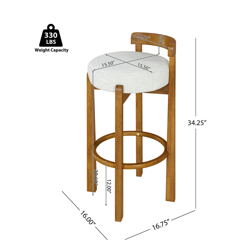 Ray Rubberwood Counter and Bar Stools With Cushion Seat, 2, 30.60, Ivory Polyester/Walnut Frame