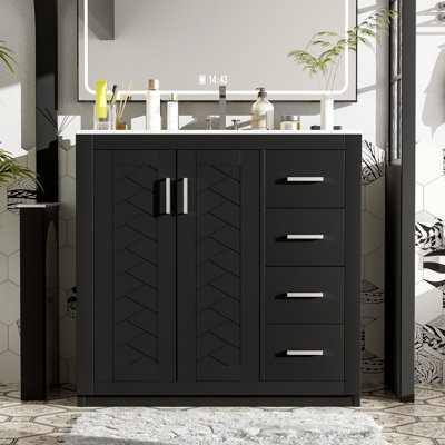 36'' Bathroom Vanity With Ceramic Basin: Boards, Solid Wood Frame Wood, Cabinet