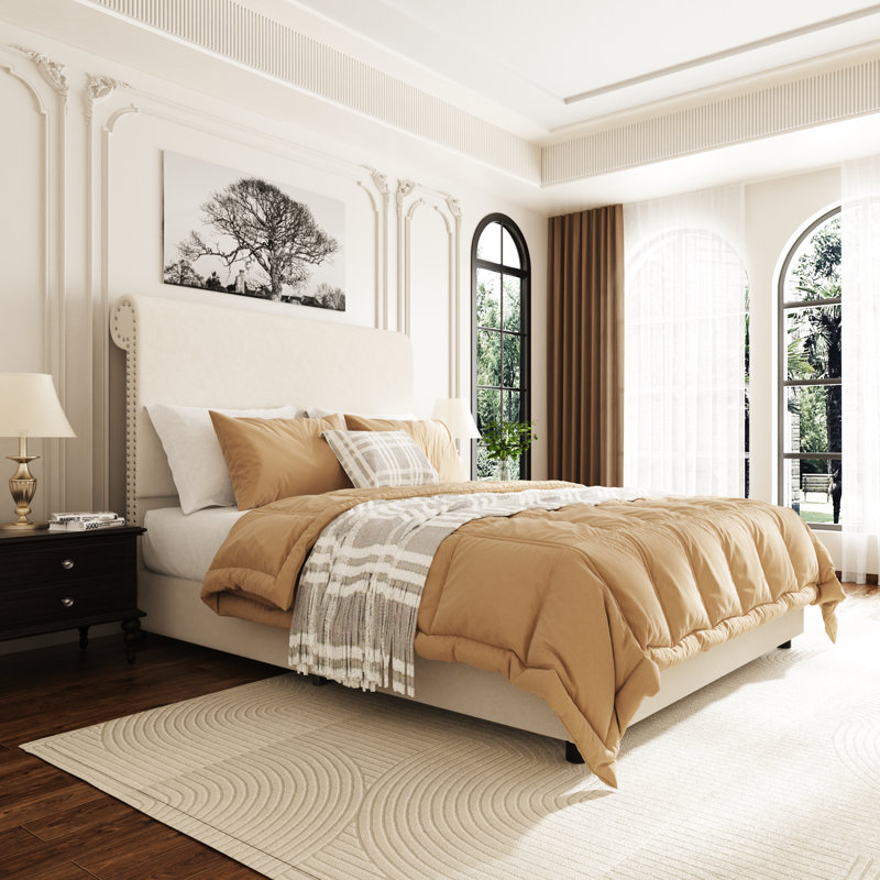Upholstered Sleigh Platform Bed with Nailhead Trim Headboard, Beige, Queen