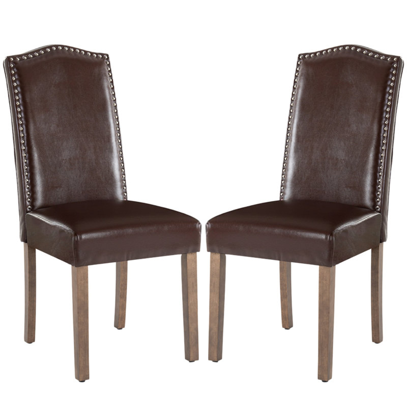 Stylish Upholstered Parsons Dining Chair PU Faux Leather With Silver Nailhead Trim And Sturdy Solid Wood Legs, Dark Brown