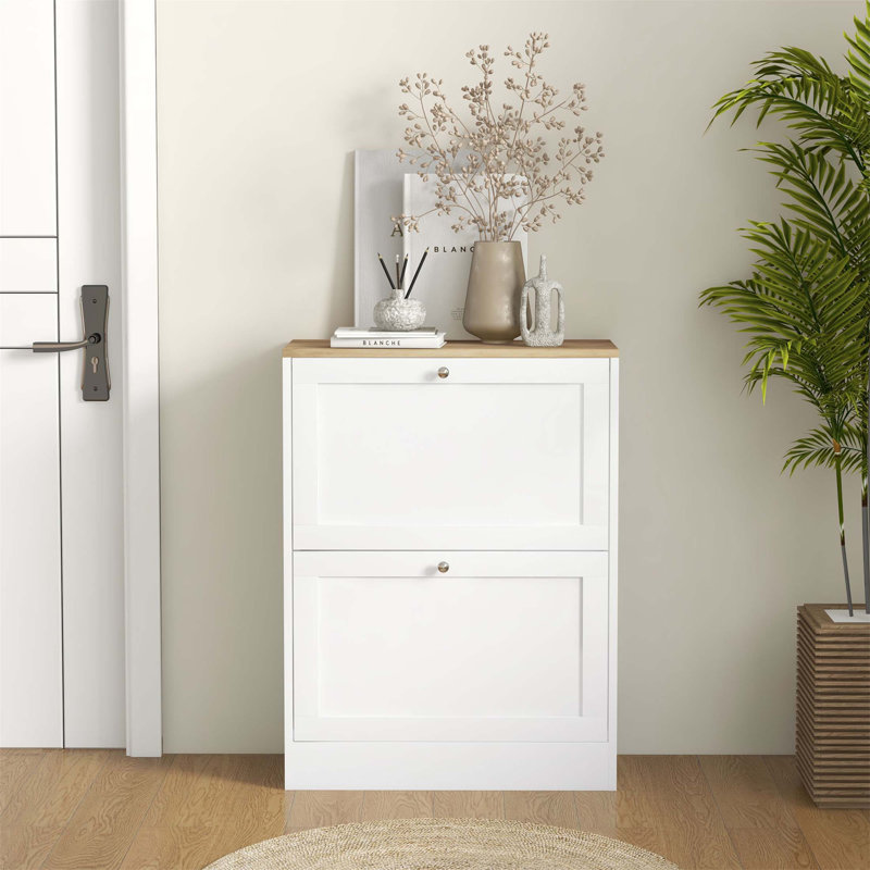 Meuble à chaussures mince pour le vestibule, rangement caché moderne avec 2 tiroirs rabattables et tablettes réglables pour 12 paires de chaussures