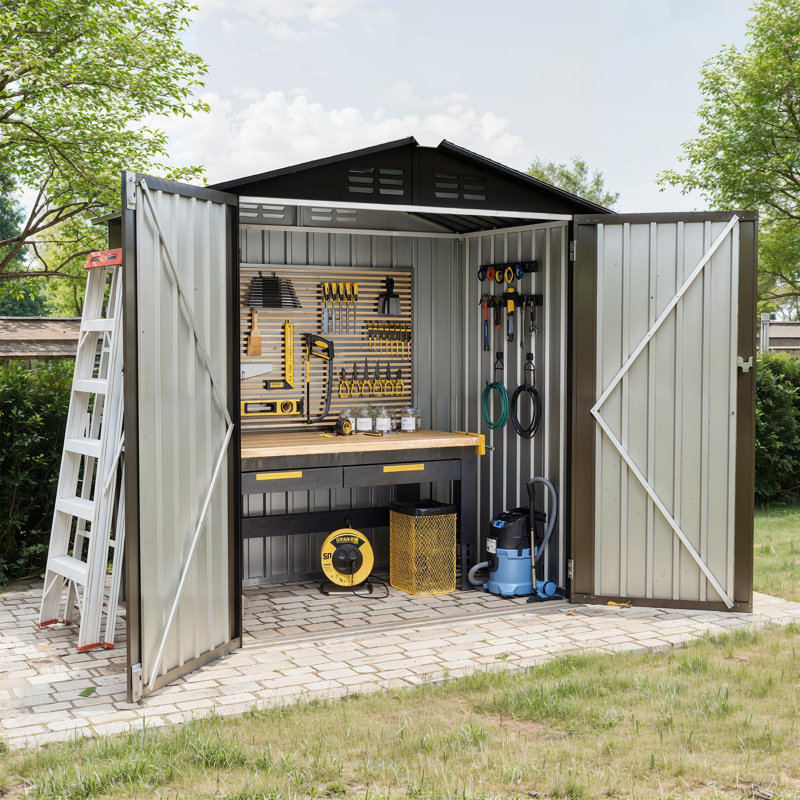 Heavy-Duty Metal Outdoor Storage Shed 6x4 ft – Lockable Double Doors, Gable Roof, Waterproof & Rustproof Backyard Storage for Tools, Bikes, Patio Equipment (Brown)