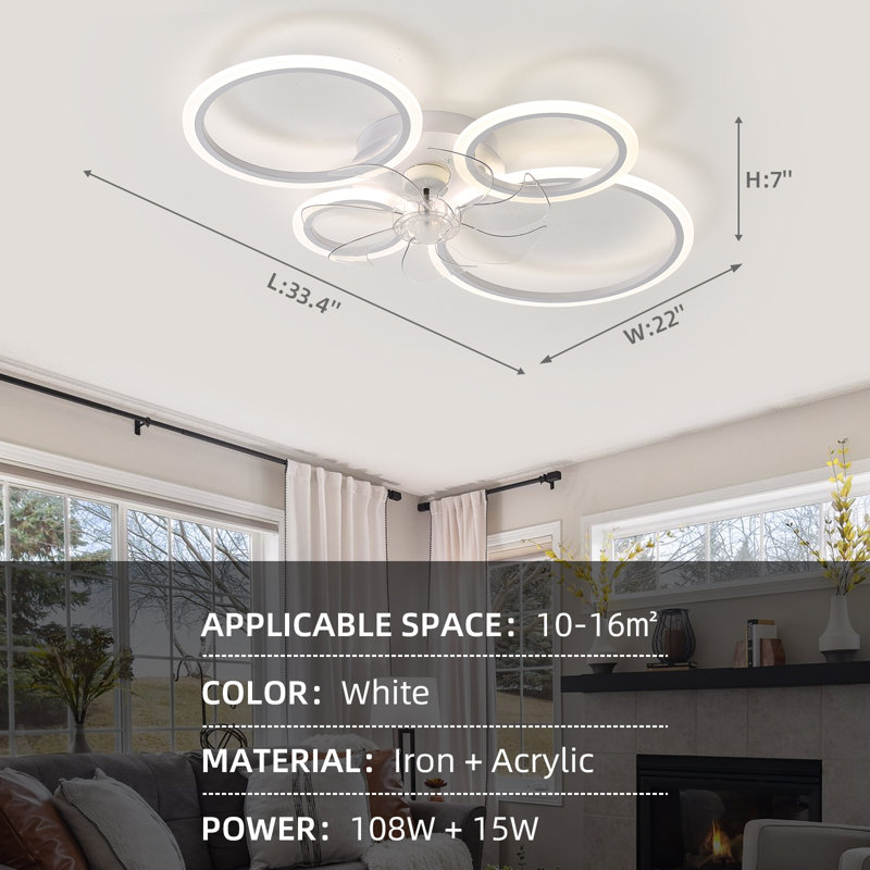33 ventilateurs de plafond modernes à 7 pales de 33 pouces, plafonniers à DEL à intensité variable en forme d'anneau, avec télécommande et application, pour la chambre à coucher ou le bureau