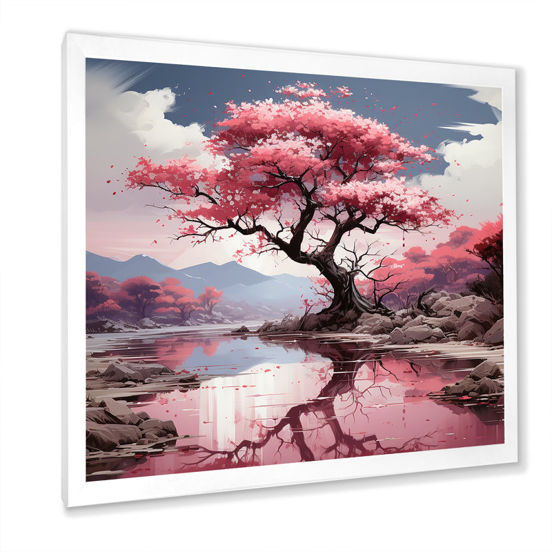 Cerisier rose en fleurs dans la rivière I - Art mural cerisier en fleurs, Blanc, H 30 po x l 30 po